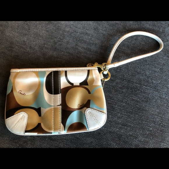 Coach Wristlet. White, brown, espresso and aqua. - Picture 2 of 3